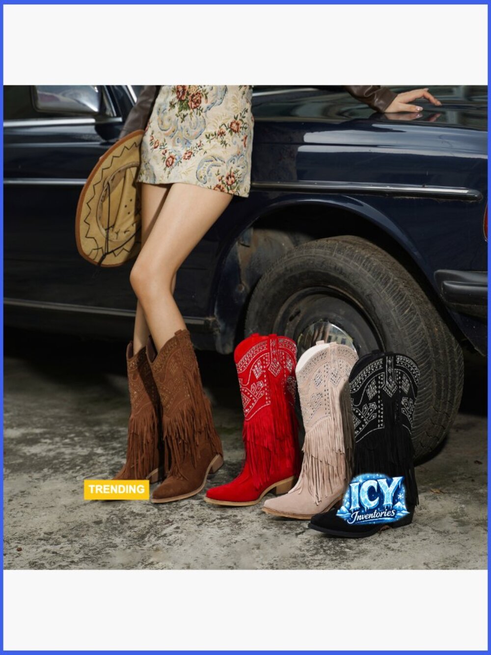 Cowboy Boots Knee High Cowgirl Western Fringe Rhinestone Chunky Heel Pointed Toe - Picture 7 of 7